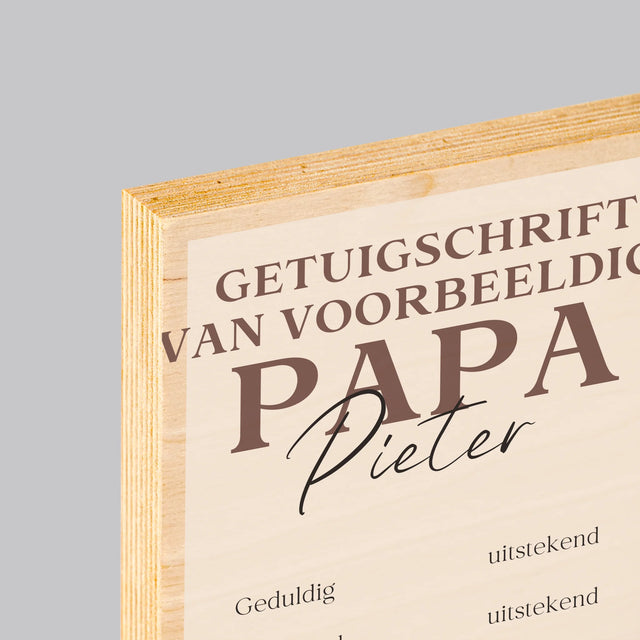 Fotocollage: Getuigschrift Van Voorbeeldige Papa - Afdruk Op Hout (Verticaal)