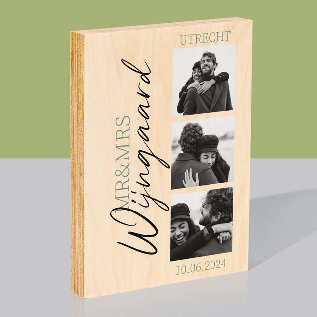 Fotocollage: Mr&Mrs Trouw - Afdruk Op Hout (Verticaal)