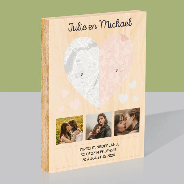 Stadsplastadsplattegrond: Twee Halve Hartjes - Afdruk Op Hout (Verticaal)