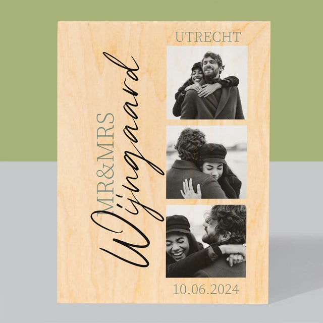 Fotocollage: Mr&Mrs Trouw - Afdruk Op Hout (Verticaal)