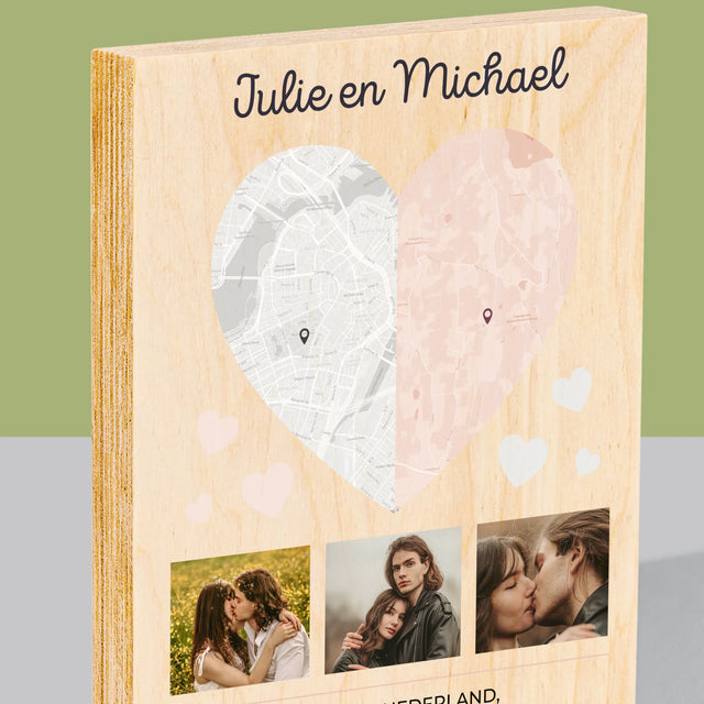 Stadsplastadsplattegrond: Twee Halve Hartjes - Afdruk Op Hout (Verticaal)