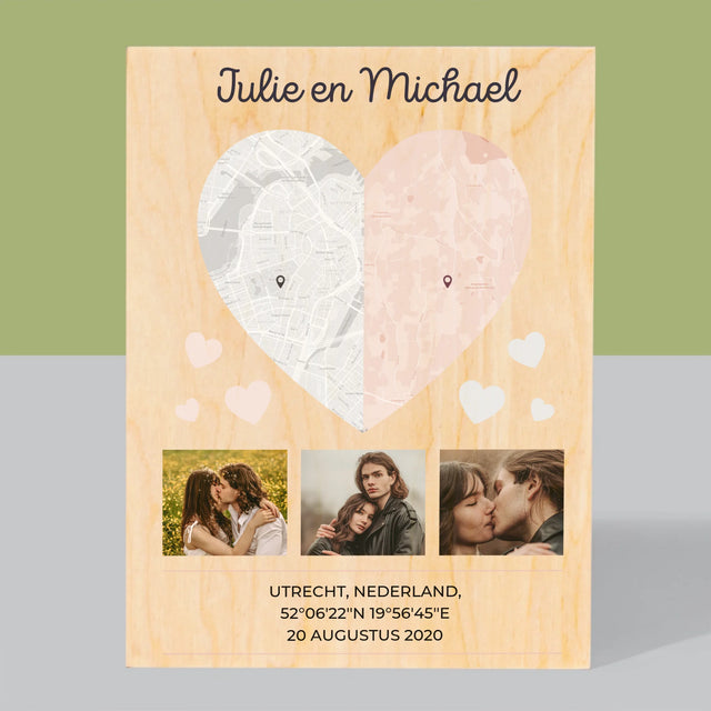 Stadsplastadsplattegrond: Twee Halve Hartjes - Afdruk Op Hout (Verticaal)