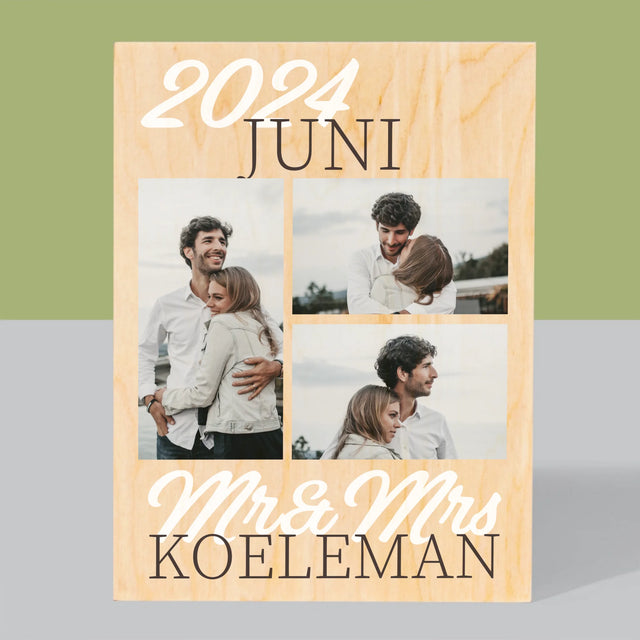Fotocollage: Mr&Mrs Datum - Afdruk Op Hout (Verticaal)