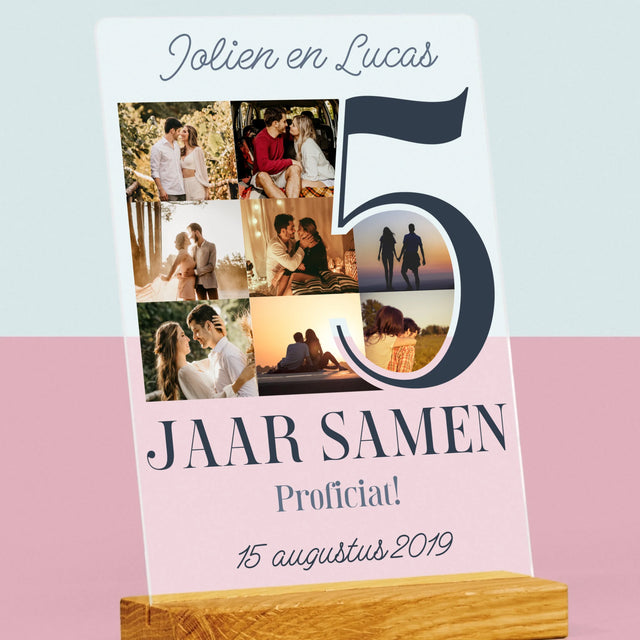 Fotocollage: 5 Jaar Samen - Afdruk Op Acrylglas (Verticaal)