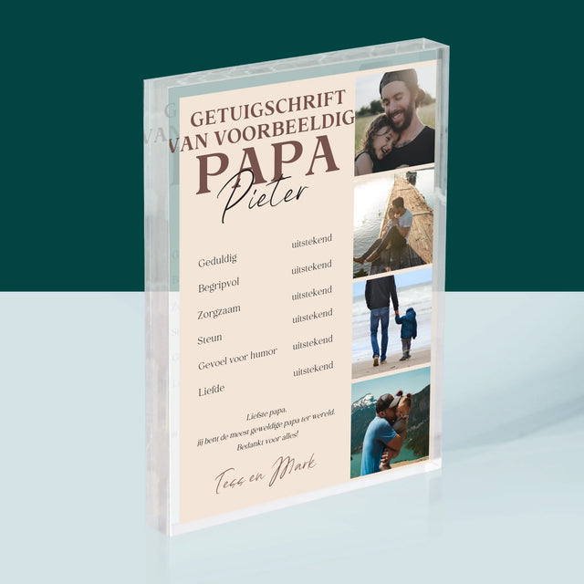 Fotocollage: Getuigschrift Van Voorbeeldige Papa - Acryl Blok