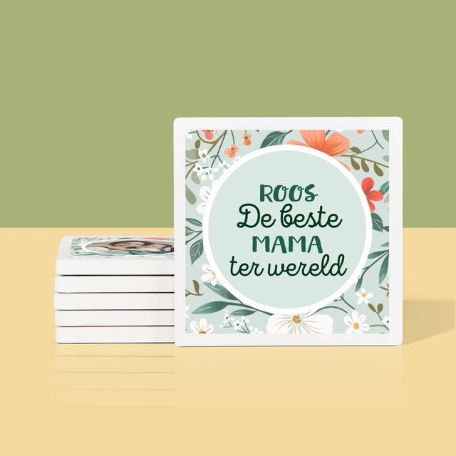 Foto En Handtekening: Beste Mama Bloemen - Onderzetter