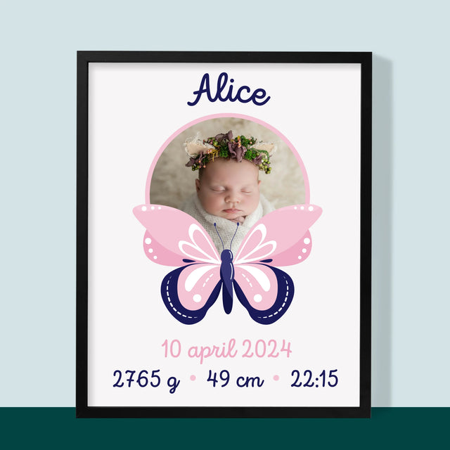 Geboorteakte Van Kind: Metriek Vlinder - Afdruk Met Frame 30X40 (Verticaal)