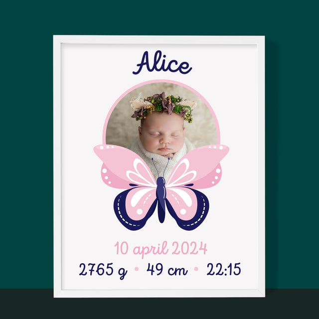 Geboorteakte Van Kind: Metriek Vlinder - Afdruk Met Frame 30X40 (Verticaal)