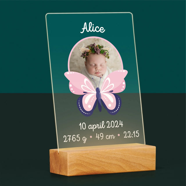 Geboorteakte Van Kind: Metriek Vlinder - Afdruk Op Acrylglas (Verticaal)