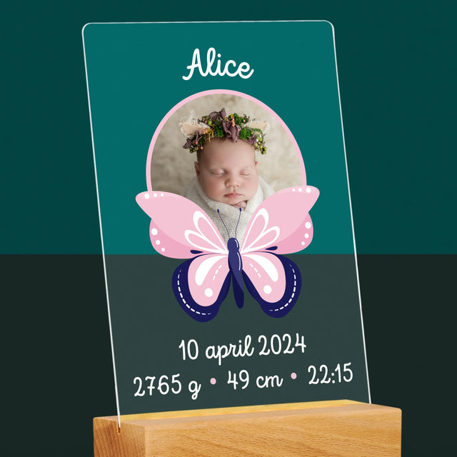 Geboorteakte Van Kind: Metriek Vlinder - Afdruk Op Acrylglas (Verticaal)
