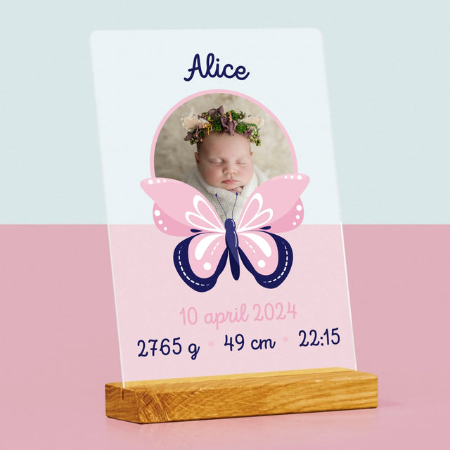 Geboorteakte Van Kind: Metriek Vlinder - Afdruk Op Acrylglas (Verticaal)