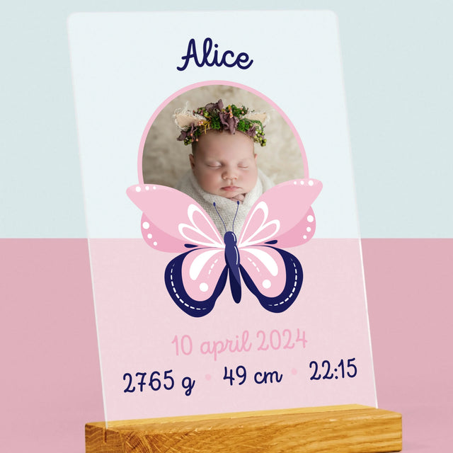 Geboorteakte Van Kind: Metriek Vlinder - Afdruk Op Acrylglas (Verticaal)
