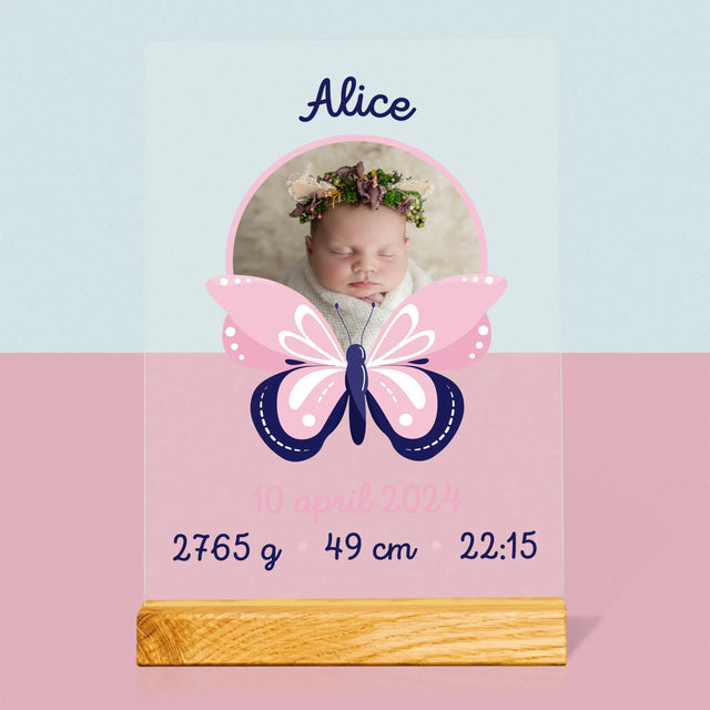 Geboorteakte Van Kind: Metriek Vlinder - Afdruk Op Acrylglas (Verticaal)