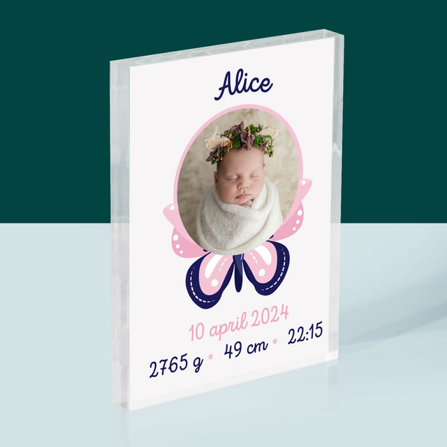 Geboorteakte Van Kind: Metriek Vlinder - Acryl Blok