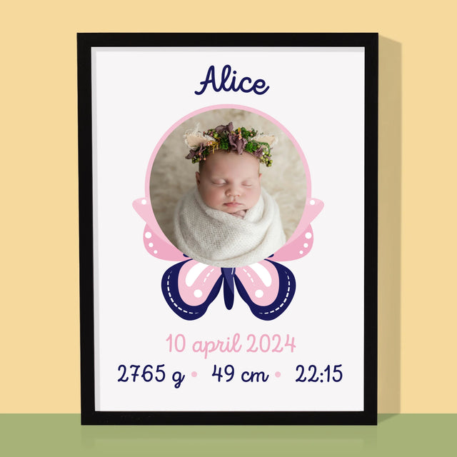 Geboorteakte Van Kind: Metriek Vlinder - Afdruk Met Frame 30X40 (Verticaal)