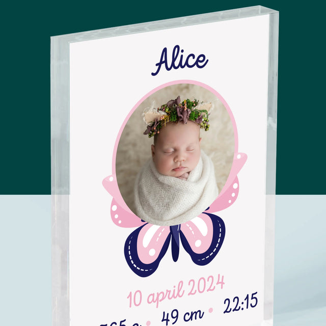 Geboorteakte Van Kind: Metriek Vlinder - Acryl Blok