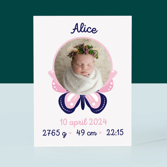 Geboorteakte Van Kind: Metriek Vlinder - Acryl Blok