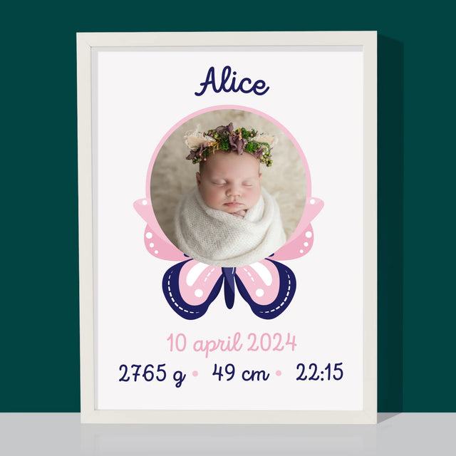 Geboorteakte Van Kind: Metriek Vlinder - Afdruk Met Frame 30X40 (Verticaal)