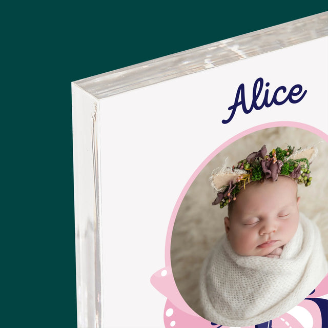 Geboorteakte Van Kind: Metriek Vlinder - Acryl Blok