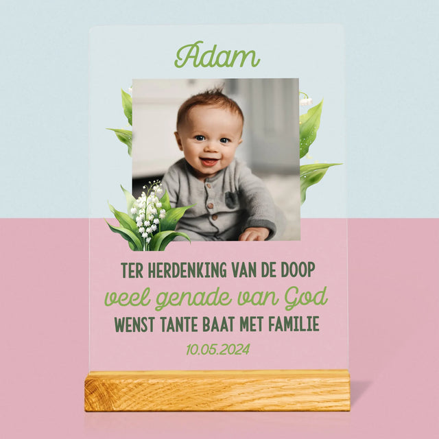 Foto En Handtekening: Ter Herdenking Van De Doop, Lelietje-Van-Dalen - Afdruk Op Acrylglas (Verticaal)