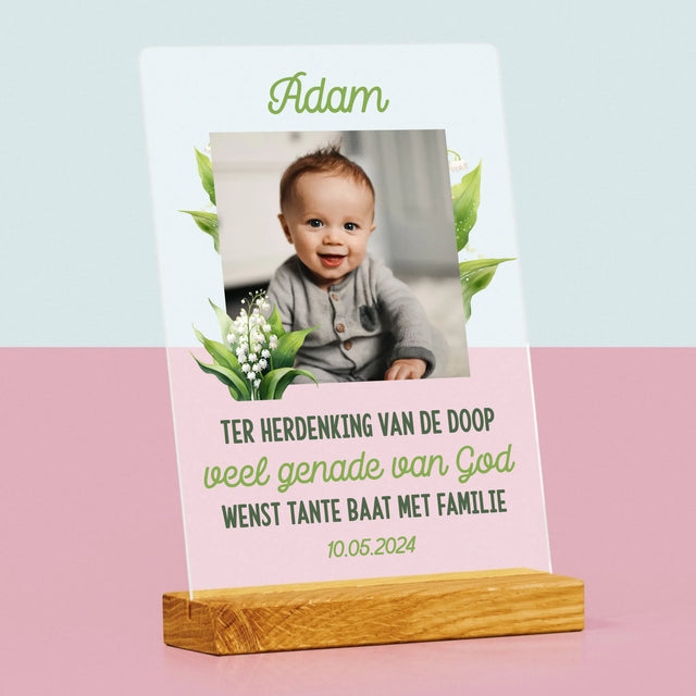 Foto En Handtekening: Ter Herdenking Van De Doop, Lelietje-Van-Dalen - Afdruk Op Acrylglas (Verticaal)