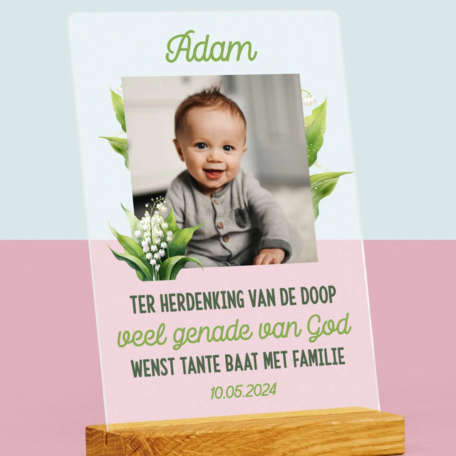 Foto En Handtekening: Ter Herdenking Van De Doop, Lelietje-Van-Dalen - Afdruk Op Acrylglas (Verticaal)