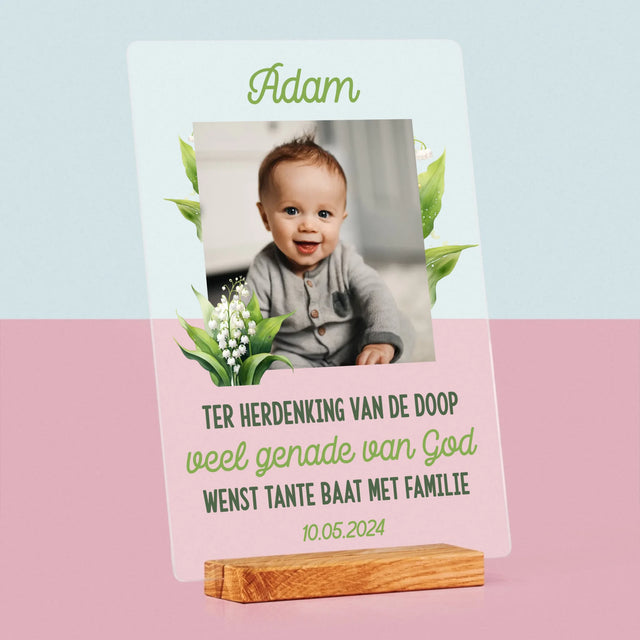 Foto En Handtekening: Ter Herdenking Van De Doop, Lelietje-Van-Dalen - Afdruk Op Acrylglas (Verticaal)