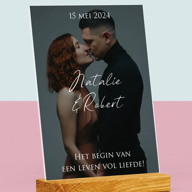 Foto En Handtekening: Trouwfoto Met Wensen - Afdruk Op Acrylglas (Verticaal)