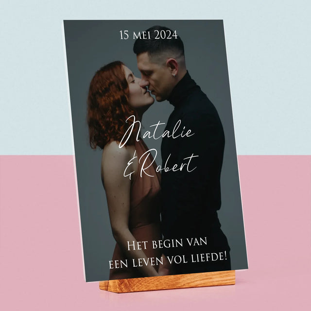 Foto En Handtekening: Trouwfoto Met Wensen - Afdruk Op Acrylglas (Verticaal)