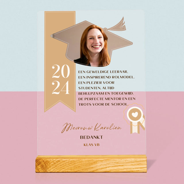 Foto En Handtekening: Diploma Voor De Leerkracht - Afdruk Op Acrylglas (Verticaal)