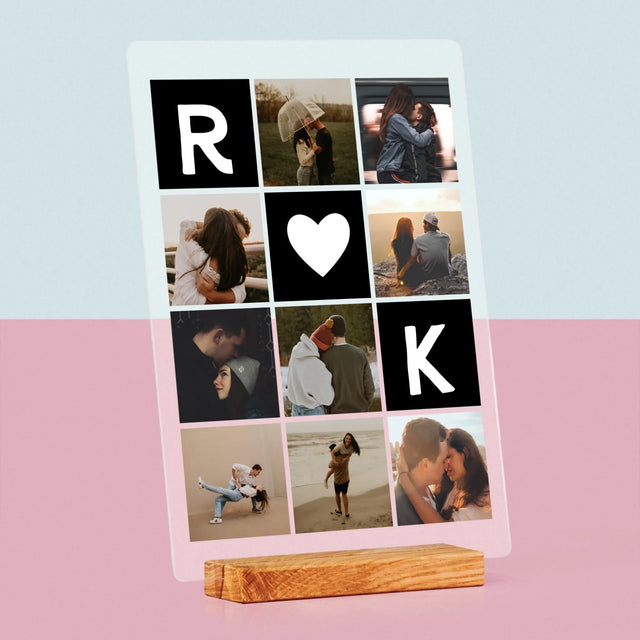 Fotocollage: Liefde Monogram Met Foto'S - Afdruk Op Acrylglas (Verticaal)