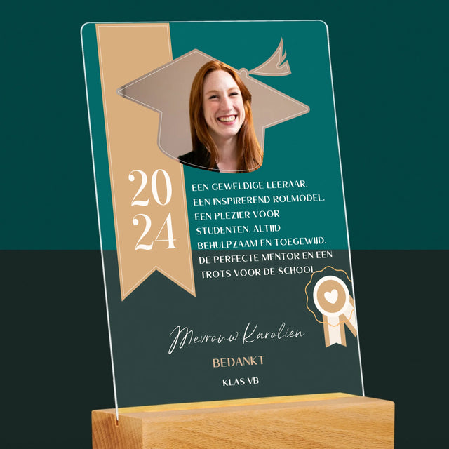 Foto En Handtekening: Diploma Voor De Leerkracht - Afdruk Op Acrylglas (Verticaal)