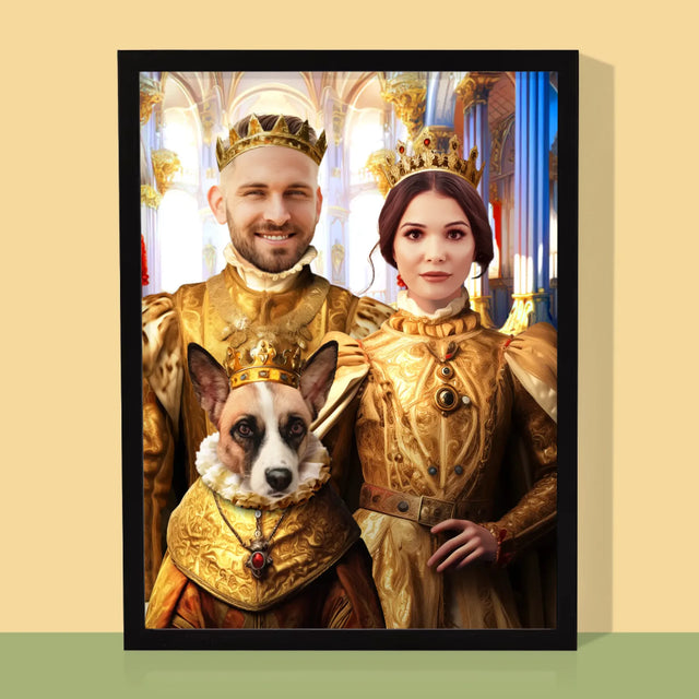 Koninklijk Portret: Koning En Koningin Met Huisdier - Afdruk Met Frame 30X40 (Verticaal)