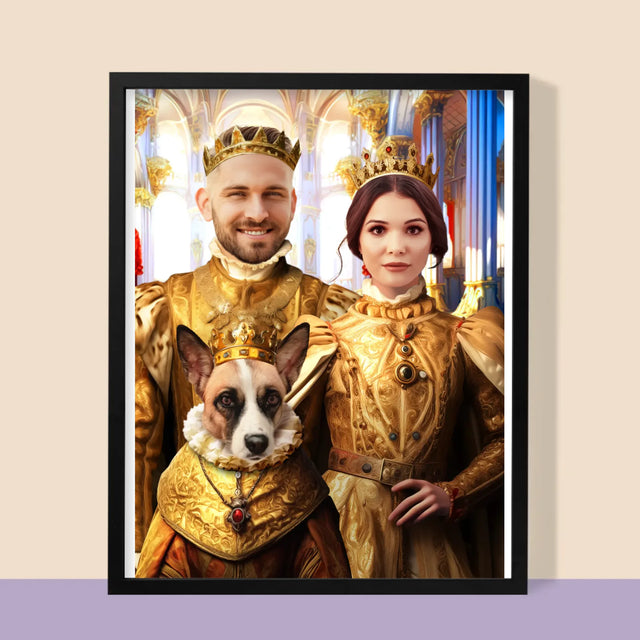 Koninklijk Portret: Koning En Koningin Met Huisdier - Afdruk Met Frame 30X40 (Verticaal)