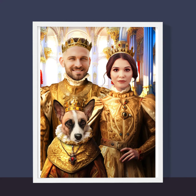 Koninklijk Portret: Koning En Koningin Met Huisdier - Afdruk Met Frame 30X40 (Verticaal)