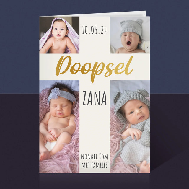 Fotocollage: Doopsel, Kruis - Wenskaart
