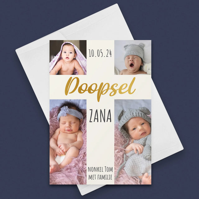 Fotocollage: Doopsel, Kruis - Wenskaart