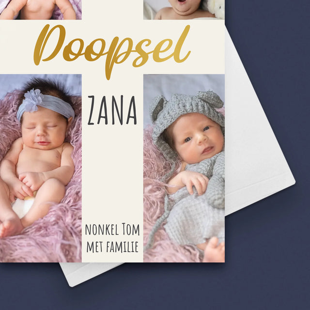 Fotocollage: Doopsel, Kruis - Wenskaart