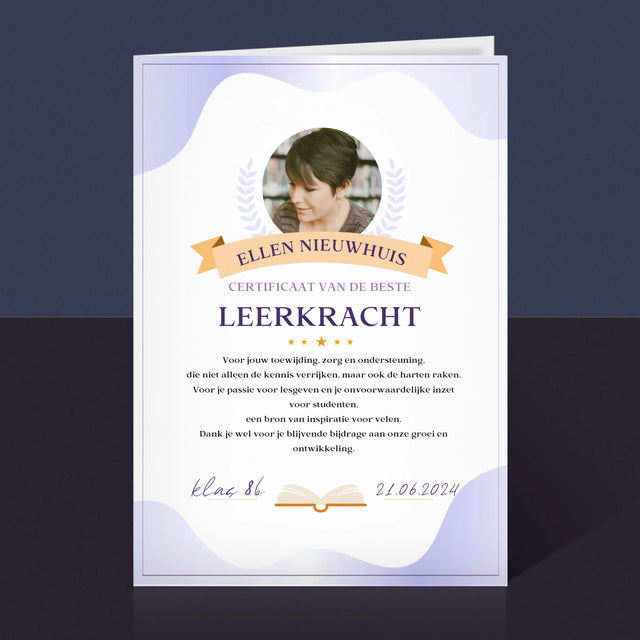 Foto En Handtekening: Certificaat Van De Beste Leerkracht - Wenskaart