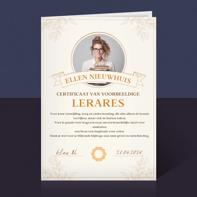 Foto En Handtekening: Certificaat Van Voorbeeldige Lerares - Wenskaart