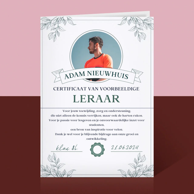 Foto En Handtekening: Certificaat Van Voorbeeldige Leraar - Wenskaart