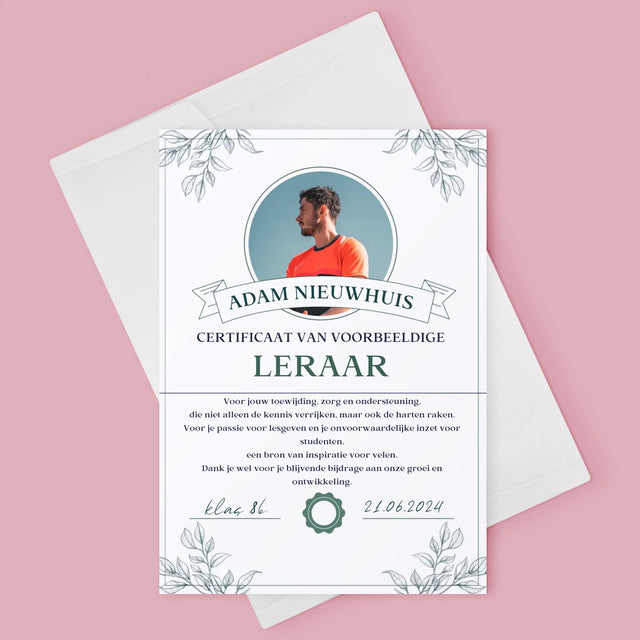 Foto En Handtekening: Certificaat Van Voorbeeldige Leraar - Wenskaart