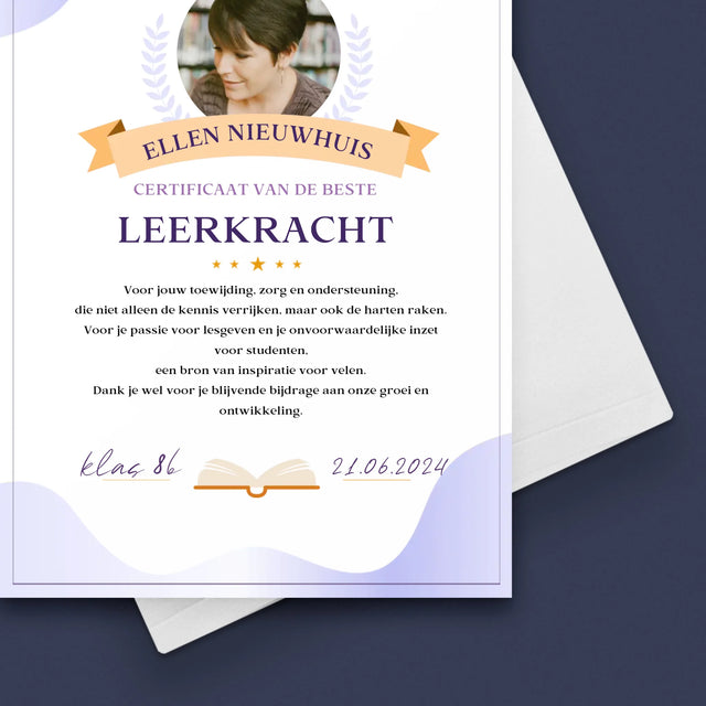 Foto En Handtekening: Certificaat Van De Beste Leerkracht - Wenskaart