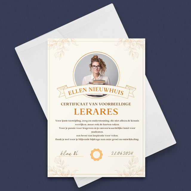 Foto En Handtekening: Certificaat Van Voorbeeldige Lerares - Wenskaart