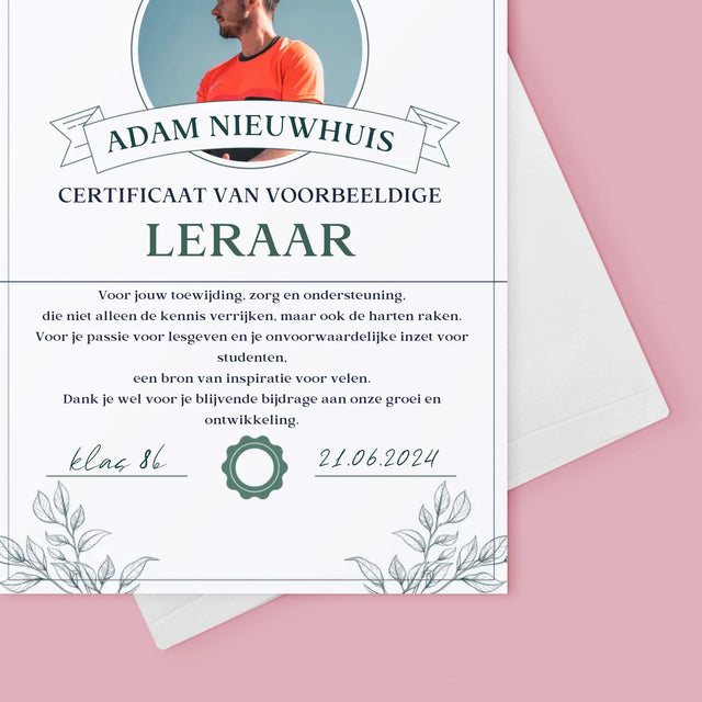 Foto En Handtekening: Certificaat Van Voorbeeldige Leraar - Wenskaart