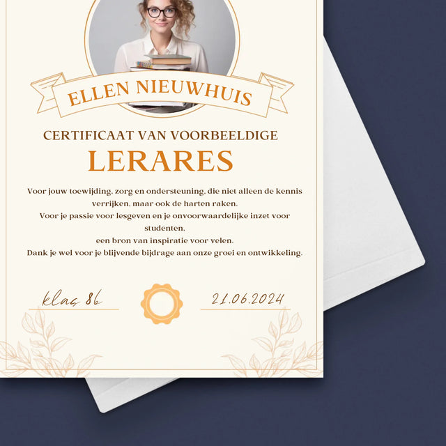 Foto En Handtekening: Certificaat Van Voorbeeldige Lerares - Wenskaart