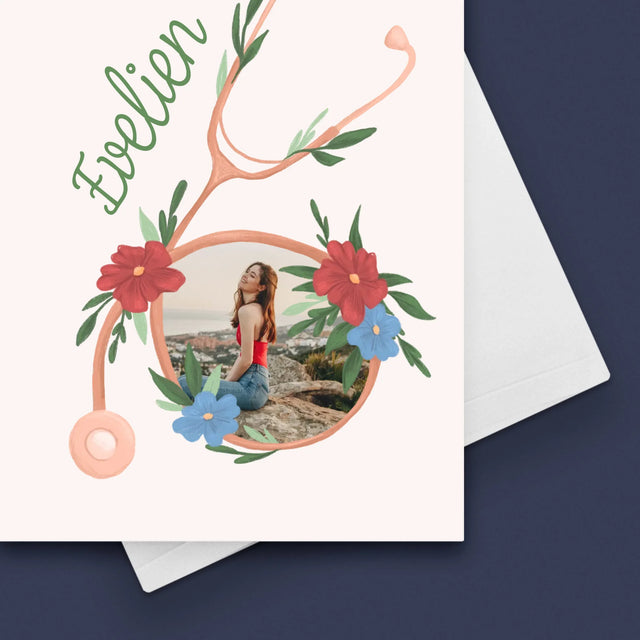 Foto En Handtekening: Stethoscoop Bloemen - Wenskaart