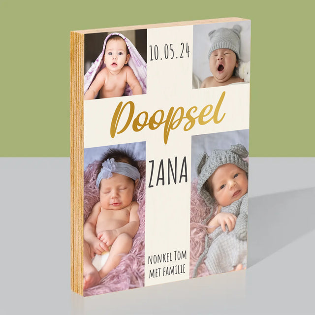 Fotocollage: Doopsel, Kruis - Afdruk Op Hout (Verticaal)