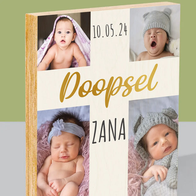 Fotocollage: Doopsel, Kruis - Afdruk Op Hout (Verticaal)