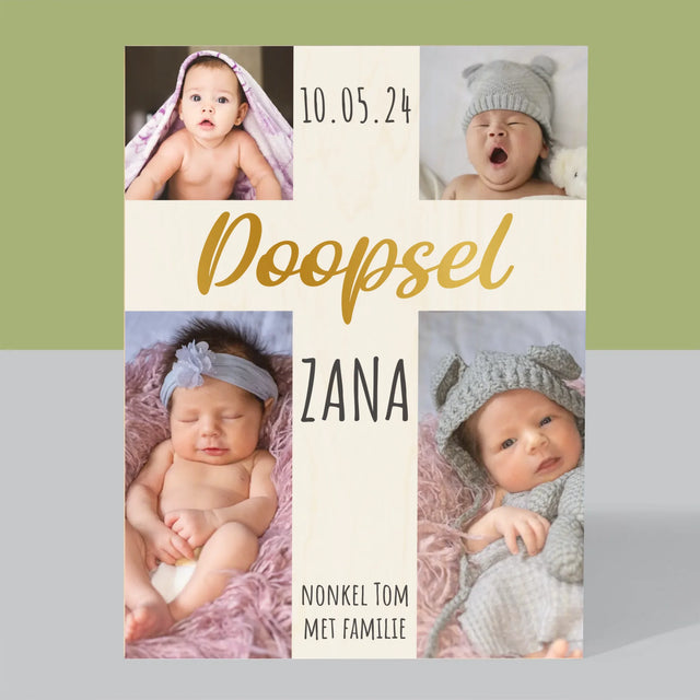 Fotocollage: Doopsel, Kruis - Afdruk Op Hout (Verticaal)